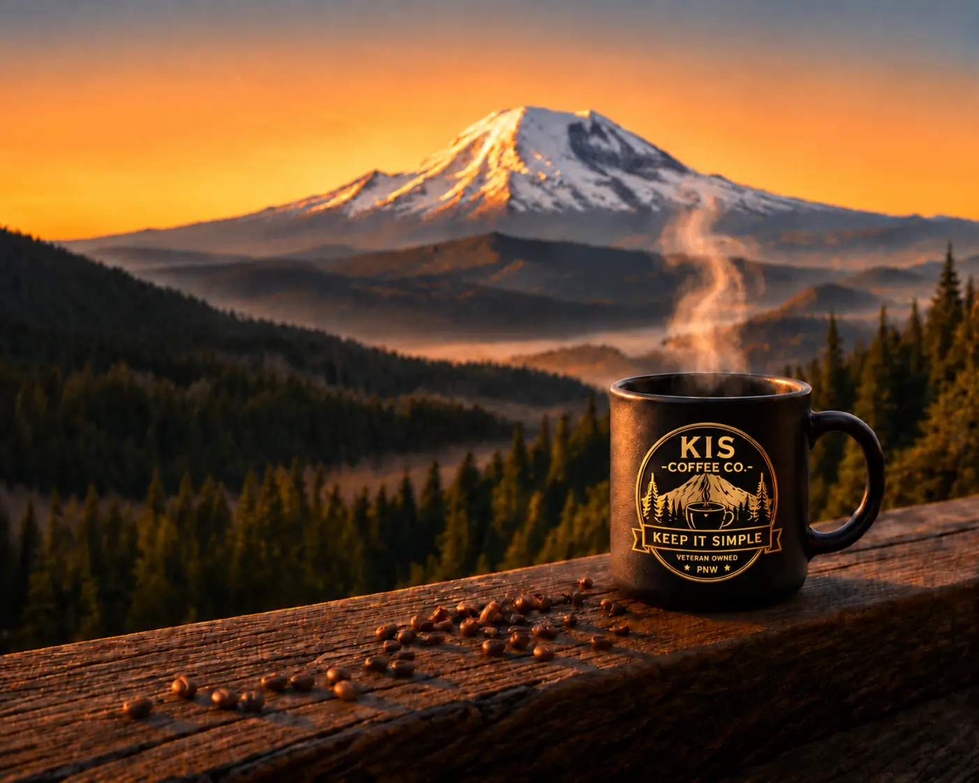 Coffee overlooking Mount Rainier at sunrise